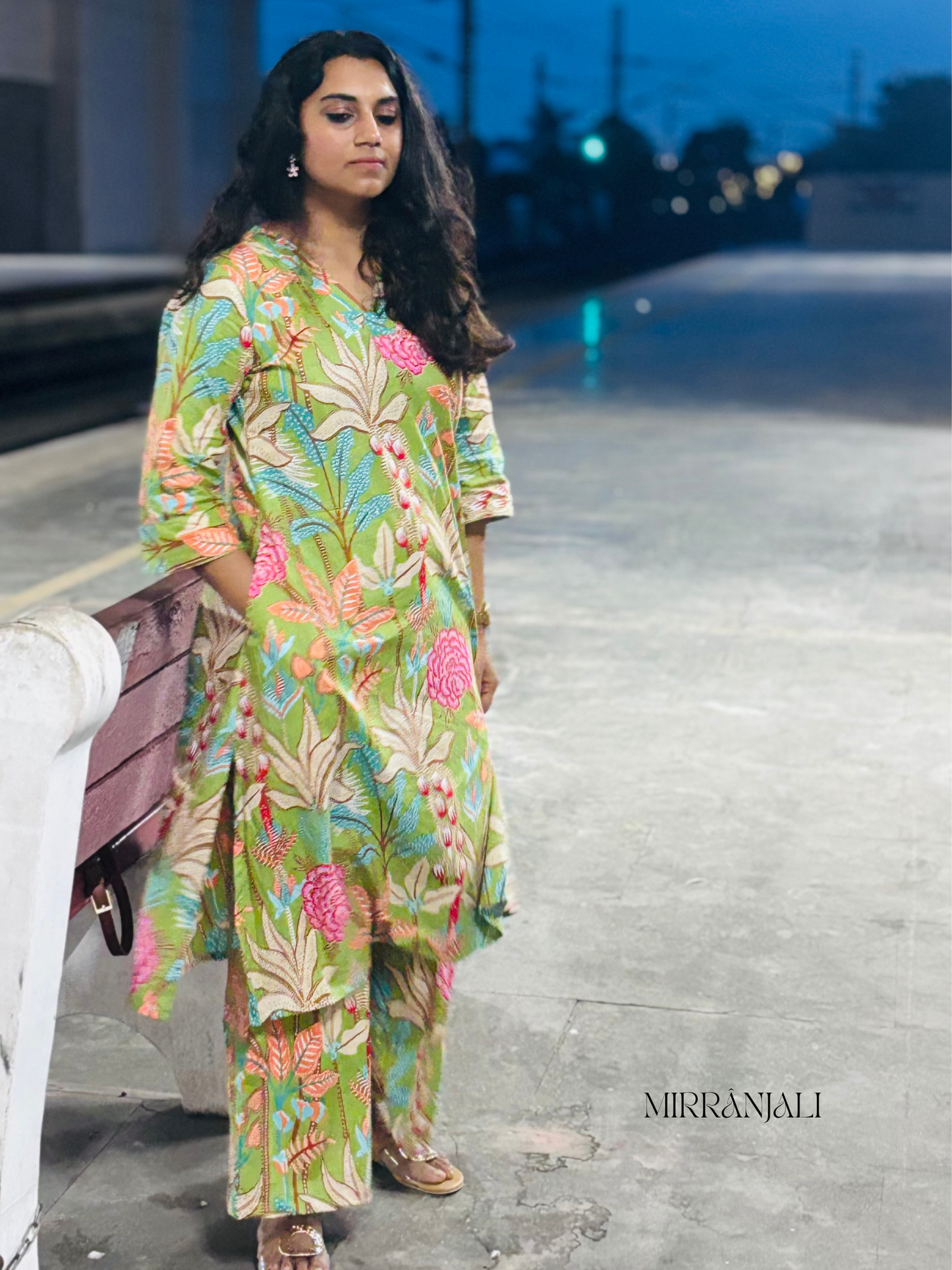 Pista Green Forest Floral Kurta & Pants