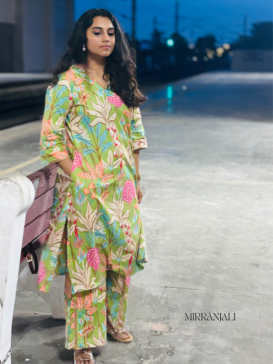 Pista Green Forest Floral Kurta & Pants