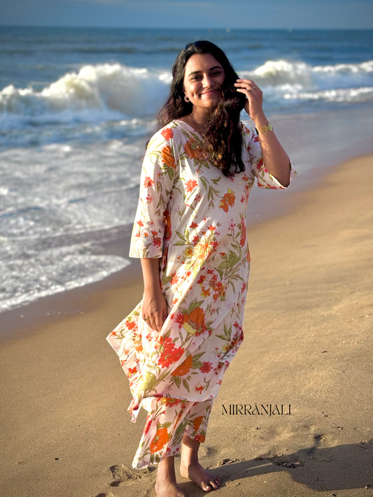 White and Orange Poppy Kurta & Pants